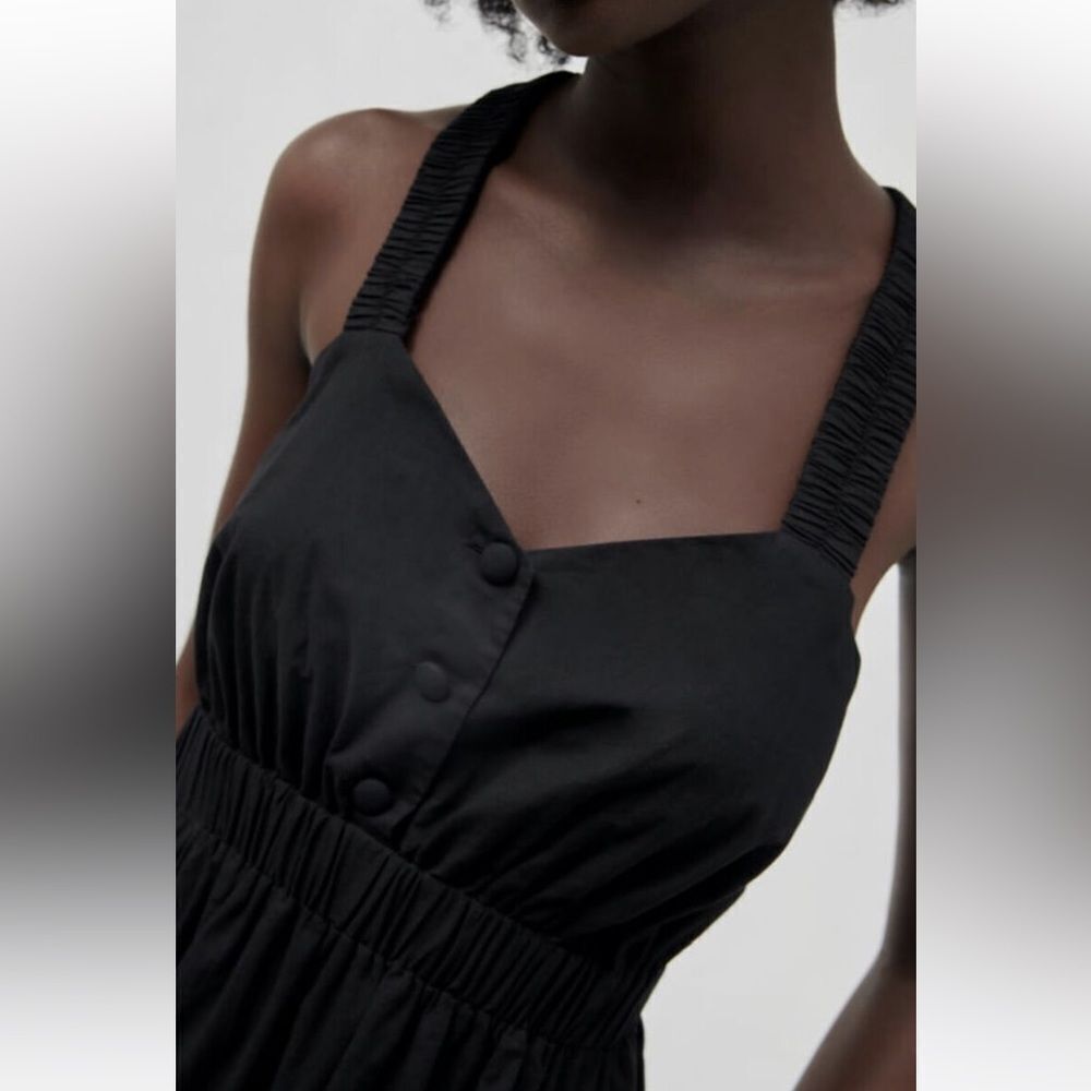 Zara black poplin embroidered midi dress with elastic cross back straps - Picture 6 of 11